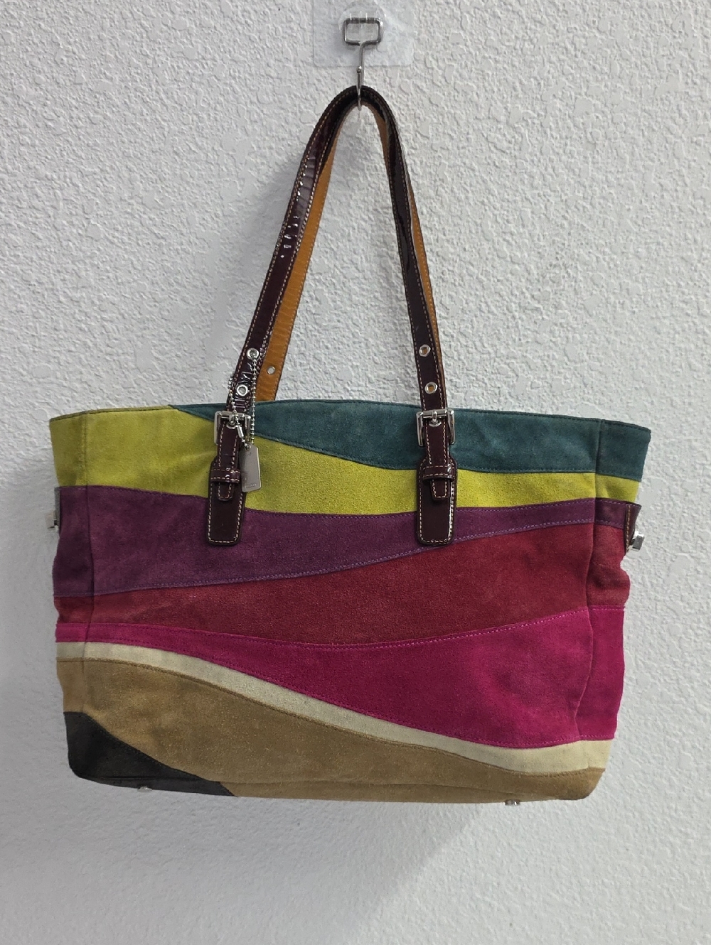 Coach Suede Leather Multicolor Patchwork Tote Purse